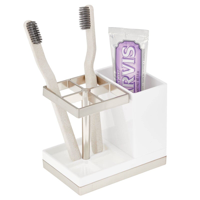 mDesign Plastic Toothbrush and Toothpaste Storage Organizer Holder  Home Decor for Bathroom Countertop  Holds Toiletries and Beauty Accessories  Lumiere Collection  WhiteBrushed