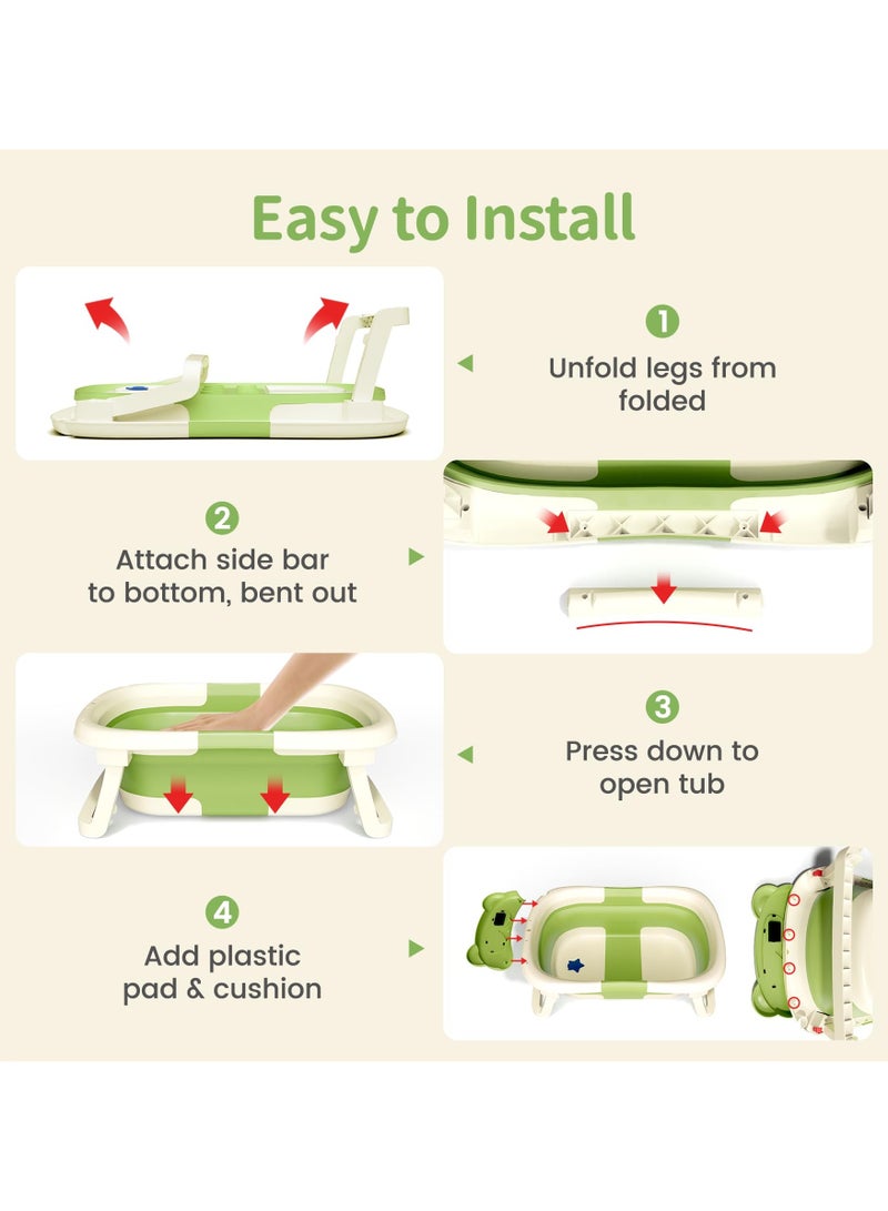 جوبيلين حوض استحمام للرضع، حوض استحمام قابل للطي لحديثي الولادة إلى الأطفال الصغار، حوض استحمام محمول للأطفال مع وسادة ناعمة وميزان حرارة، أخضر - Image 5
