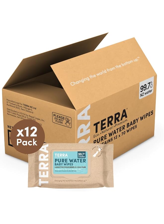 تيرا مناديل ووتر بيبي العضوية، مناديل قابلة للتحلل الحيوي بنسبة 100%، مناديل ناعمة ومنظفة للأطفال، عبوة سفر تحتوي على زيت البابونج وفيتامين هـ، 70 منديل (عبوة من 12 قطعة) - Image 1
