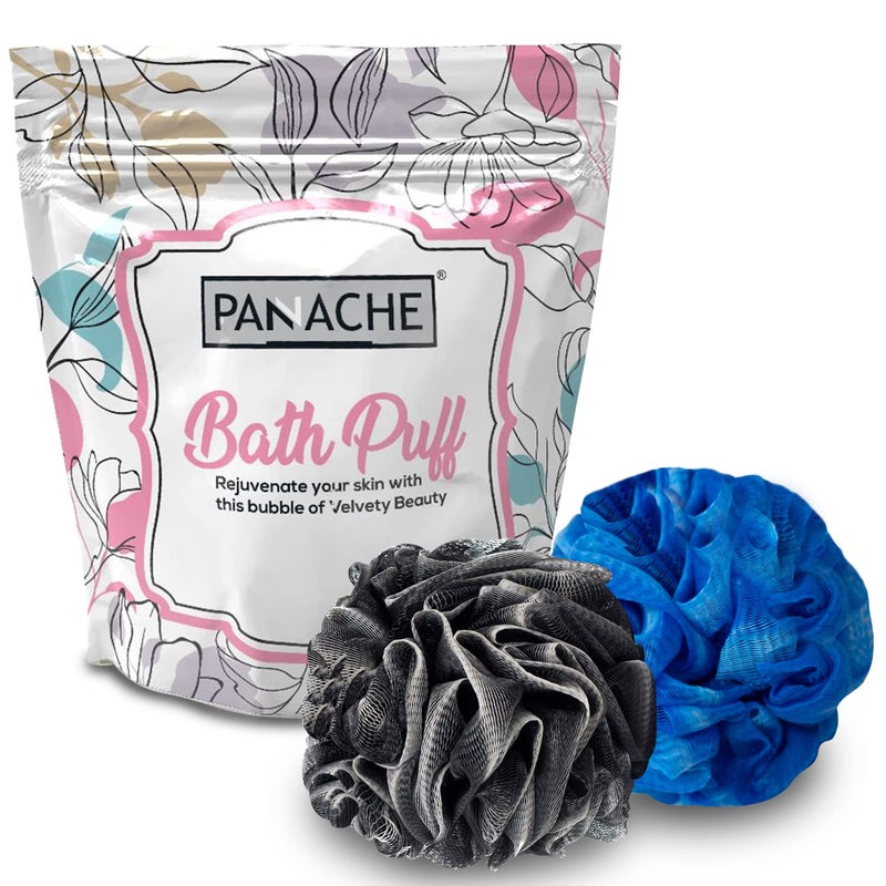PANACHE Premium Soft Bath Puff Loofah Scrubber For Men Women Combo Pack 2 Black Blue - Image 1