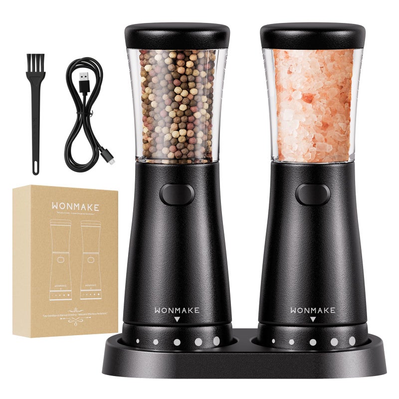 Electric Salt and Pepper Grinder Set with 45oz Large Capacity Stainless Steel Rechargeable Salt and Pepper Grinder with 18 Wide Mouth Storage BaseAdjustable Coarseness and OneHand Operation