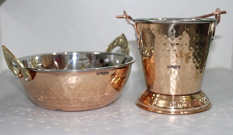 Alluring Homz Copper Steel Handi (Lagan),Kadhai Wok & Bucket for Serving Indian Food at Home,Hotel,Restaurant; Serveware & Tableware (1 Handi 400ml,1 Kadhai 400ml,1 Bucket 400ml) Pack of 3 - Image 2