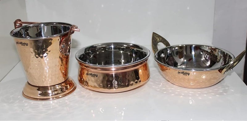 Alluring Homz Copper Steel Handi (Lagan),Kadhai Wok & Bucket for Serving Indian Food at Home,Hotel,Restaurant; Serveware & Tableware (1 Handi 400ml,1 Kadhai 400ml,1 Bucket 400ml) Pack of 3 - Image 1