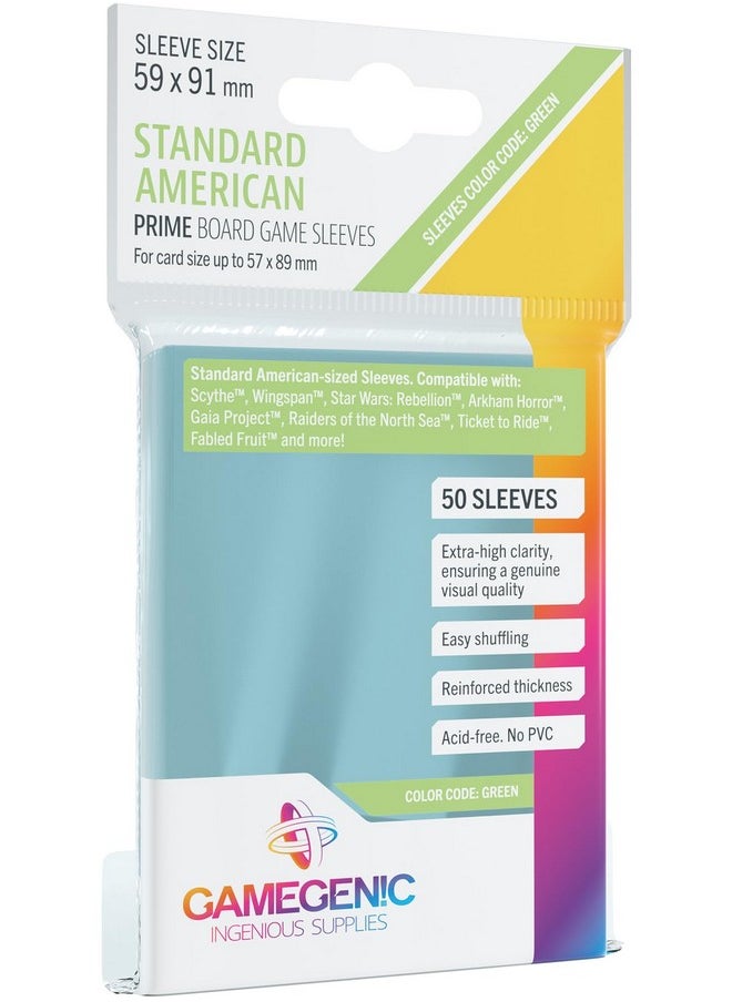 Gamegenic Prime Board Game Sleeves | Pack of 50 Extra-Clear Sleeves | 59 by 91 mm Card Sleeves Optimized for Standard American Card Games | Premium Card Protection | FFG Green Color Code | Made by Gamegenic  - Image 1