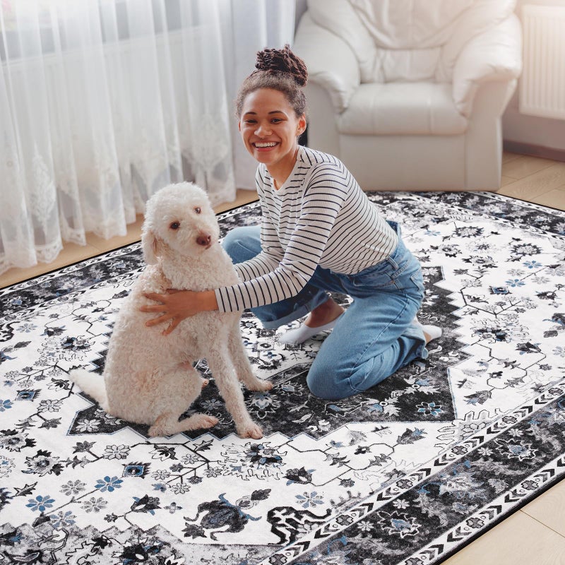 Amearea Vintage Design Area Rugs for Living Room, 4x6 Machine Washable Floral Collection Traditional Bedroom Rug, Low Pile Cute Kids Room Print Carpet, No Slip Office Kitchen Home Decor, Black - Image 5