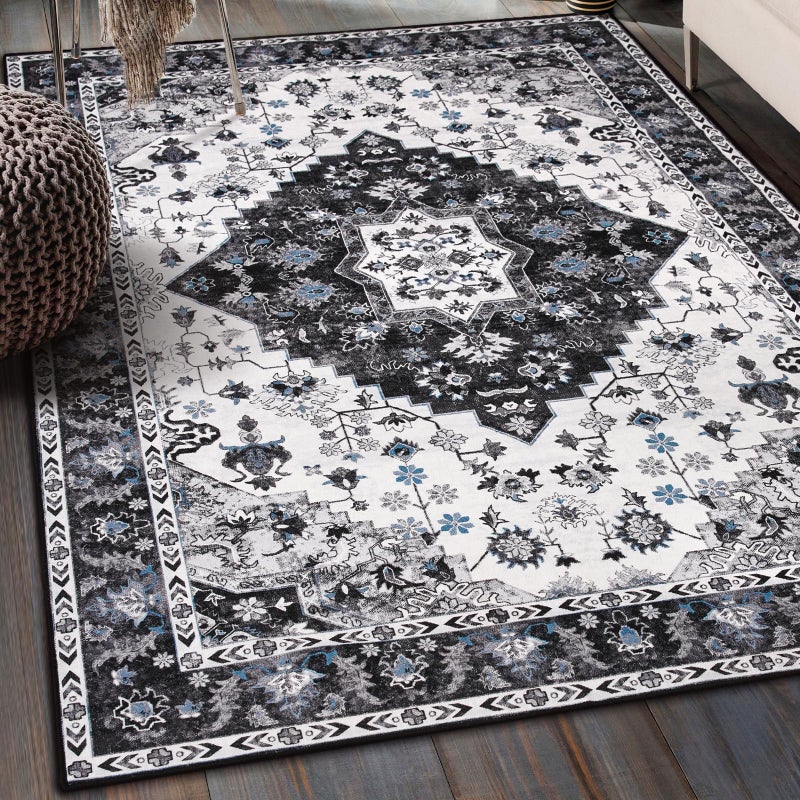Amearea Vintage Design Area Rugs for Living Room, 4x6 Machine Washable Floral Collection Traditional Bedroom Rug, Low Pile Cute Kids Room Print Carpet, No Slip Office Kitchen Home Decor, Black - Image 1
