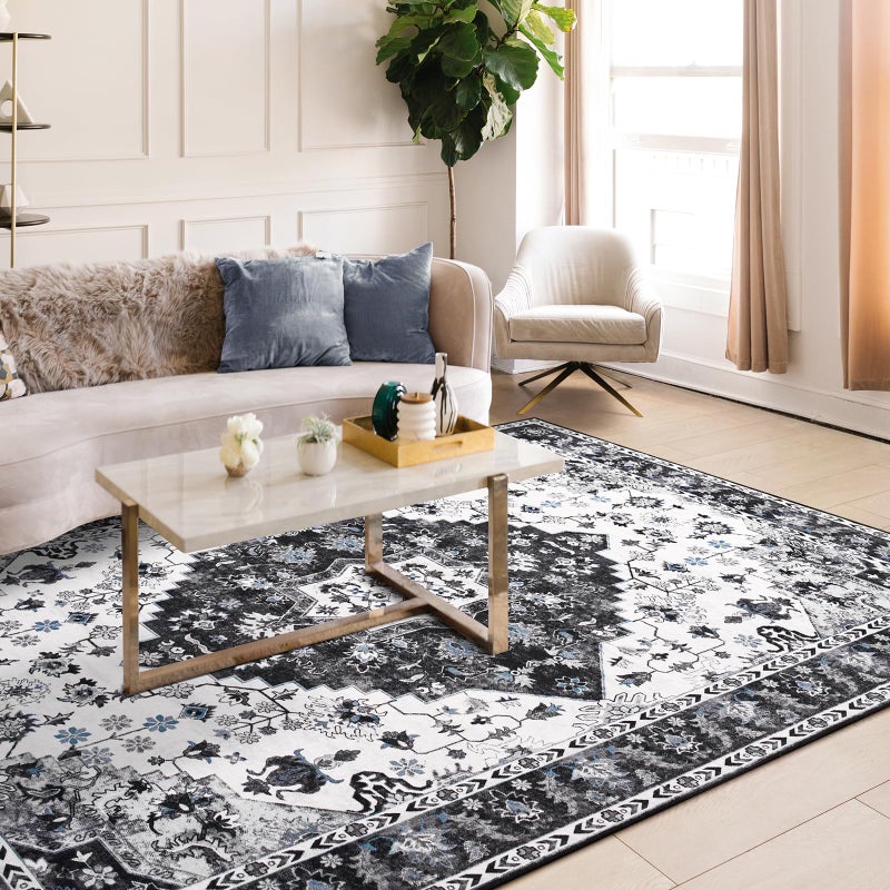 Amearea Vintage Design Area Rugs for Living Room, 4x6 Machine Washable Floral Collection Traditional Bedroom Rug, Low Pile Cute Kids Room Print Carpet, No Slip Office Kitchen Home Decor, Black - Image 3