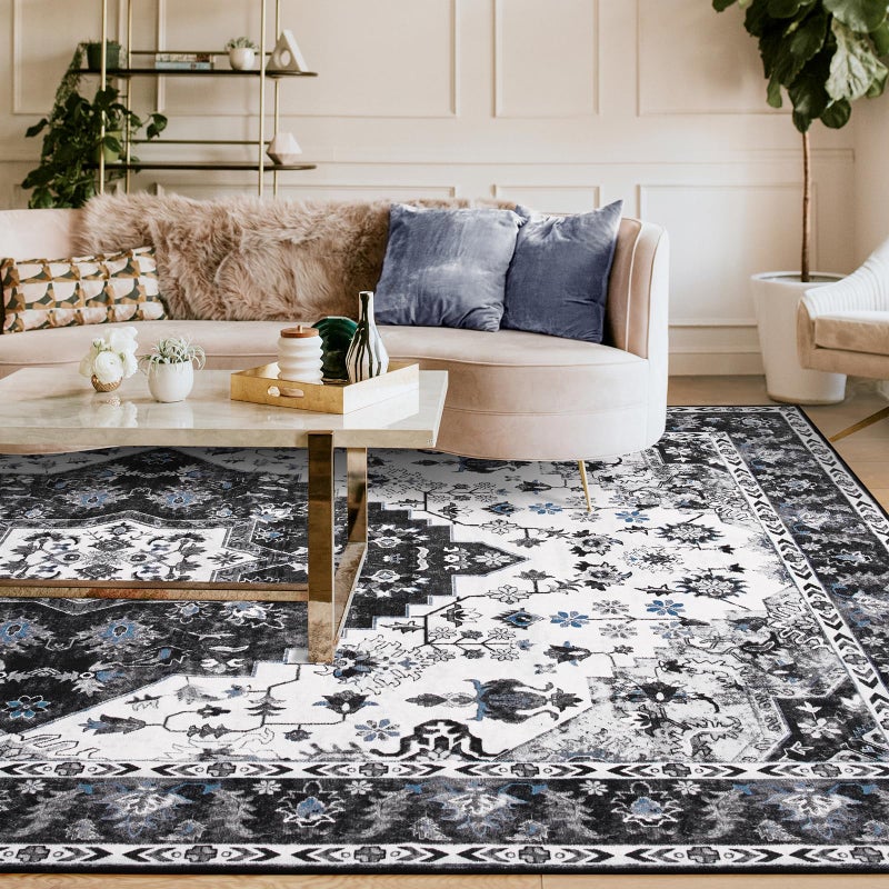Amearea Vintage Design Area Rugs for Living Room, 4x6 Machine Washable Floral Collection Traditional Bedroom Rug, Low Pile Cute Kids Room Print Carpet, No Slip Office Kitchen Home Decor, Black - Image 4