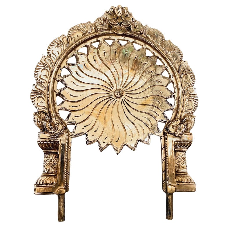 Bhunes Bhunes Brass Prabhavali Frame Arch Wall Hanging with Chakra Prabhawal for Decor Prabhawali for Diety Prabhaval Home TempleGold 85 Inch 1 Piece