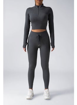 Seamless Yoga Set Zip Jacket Drawstring Pants Grey Top Trousers suit