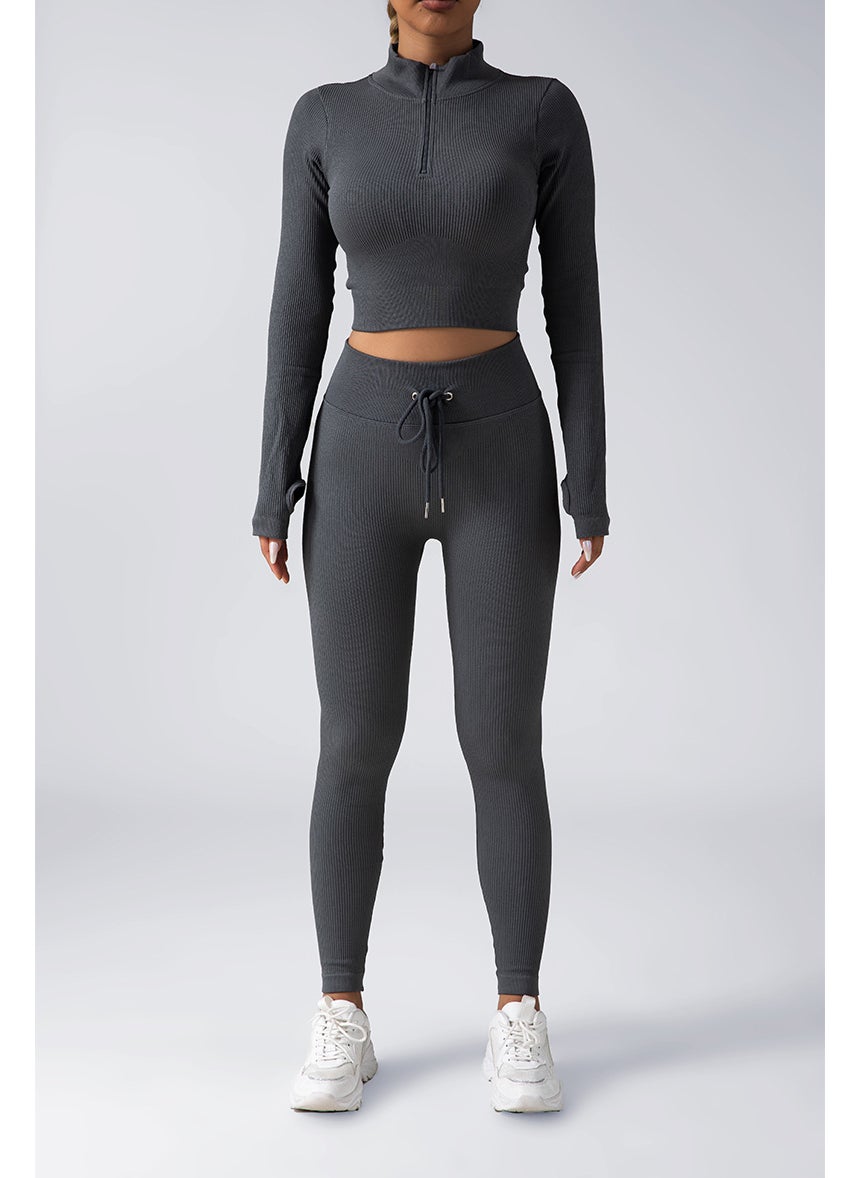 Generic - Seamless Yoga Set Zip Jacket Drawstring Pants Grey Top Trousers suit - Image 1
