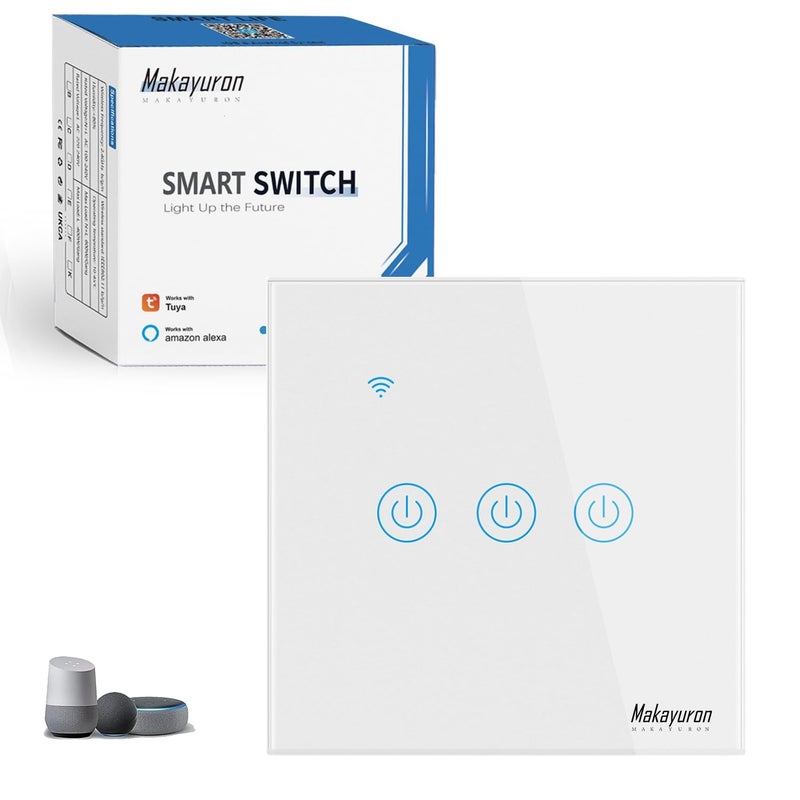 Makayuron WiFi Smart Wall Light Switch, No Neutral Wire Required, Compatible with Alexa and Google Home, Tuya APP Remote Control Touch Switch, No Hub Required, Voice Control (3 Gang, White) - Image 2
