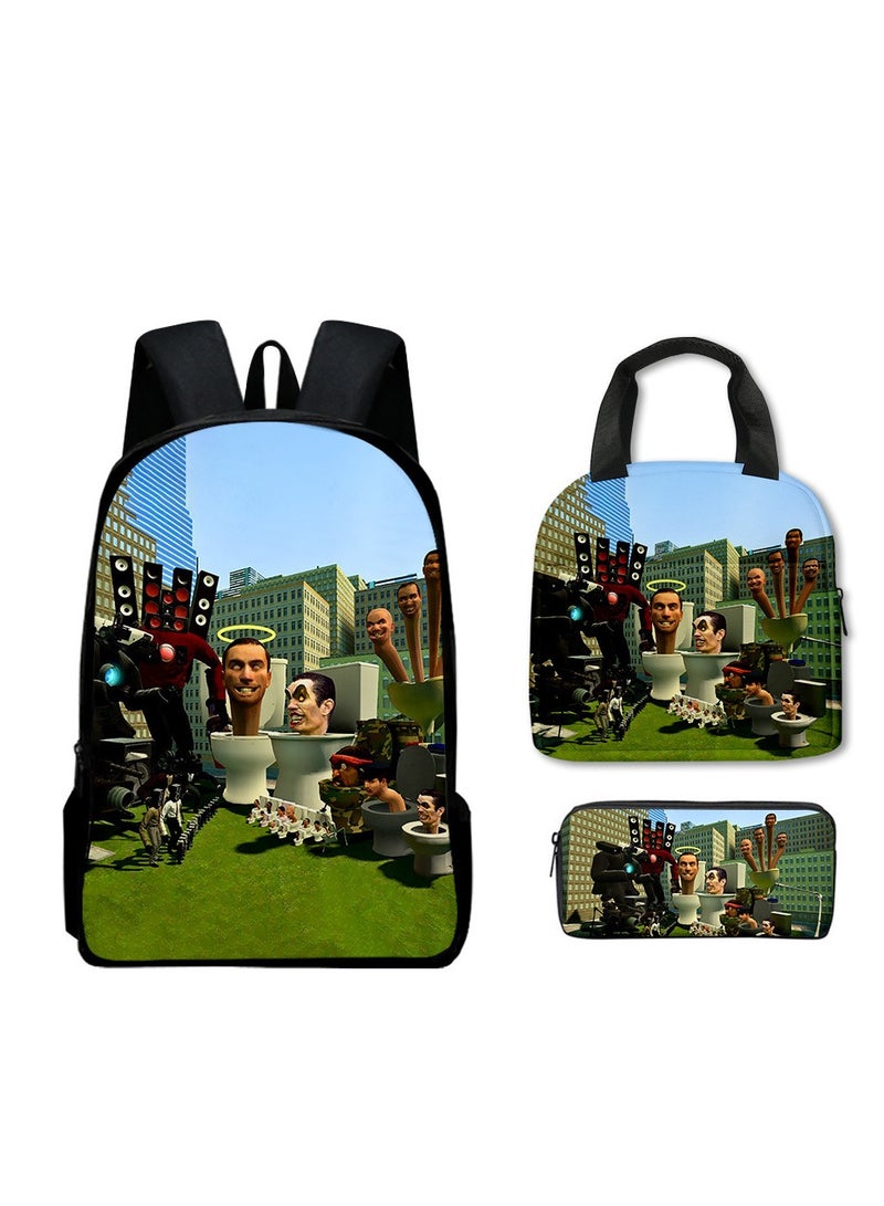 3 Piece Skibidi Toilet 3D Print Insulated Lunch Backpack Set Multicolour