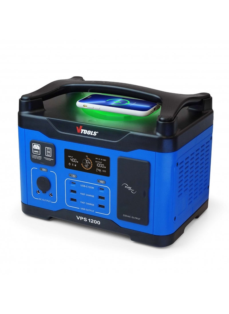 في تولز - VTOOLS محطة طاقة محمولة 1200 واط 400 واط شحن مولد للطاقة الشمسية في 72 دقيقة شحن لاسلكي 2 USB-C 100 واط 4 منافذ USB-A و2 تيار متردد، ضوء LED 921wh LiFePO4 بطارية للتخييم في الهواء الطلق وRVs - Image 1