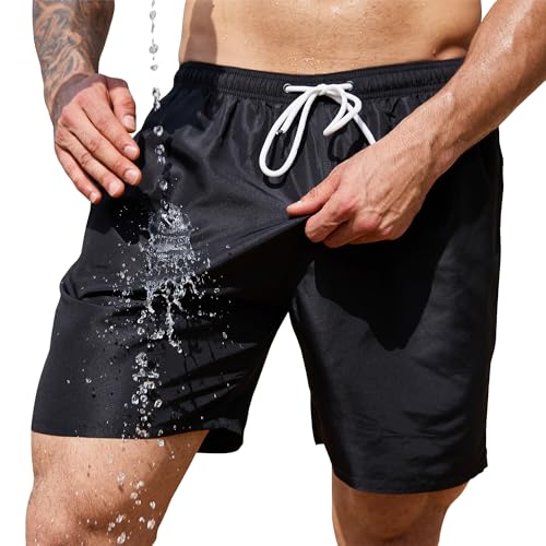 Scotamalone Mens Swim Trunks Swimming Shorts Swimwear Bathing Suits Quick Dry 7 Inch with Mesh Lining Black - Image 1