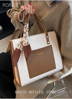 roaiss Women Leather Two Tone Tote Bag Ladies Geometric & Letter Embossed Twilly Scarf Decor Shoulder Tote Bag Women's Large Capacity Commuter Shoulder Bag  - Image 2
