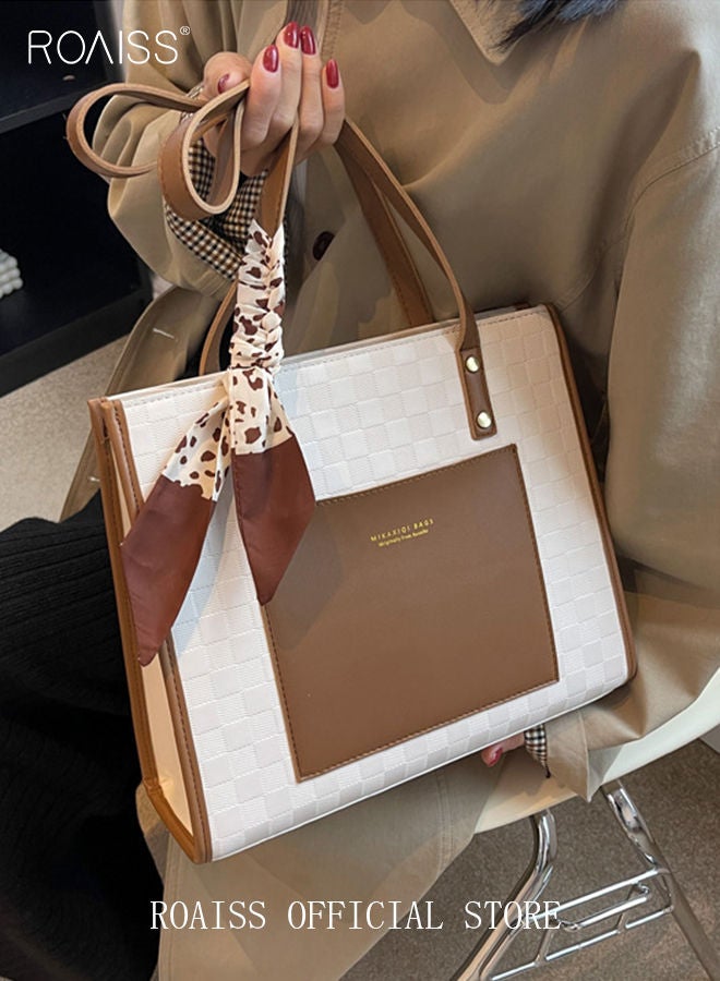 roaiss Women Leather Two Tone Tote Bag Ladies Geometric & Letter Embossed Twilly Scarf Decor Shoulder Tote Bag Women's Large Capacity Commuter Shoulder Bag  - Image 2