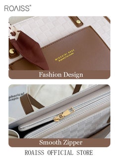 roaiss Women Leather Two Tone Tote Bag Ladies Geometric & Letter Embossed Twilly Scarf Decor Shoulder Tote Bag Women's Large Capacity Commuter Shoulder Bag  - Image 4