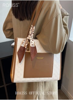 roaiss Women Leather Two Tone Tote Bag Ladies Geometric & Letter Embossed Twilly Scarf Decor Shoulder Tote Bag Women's Large Capacity Commuter Shoulder Bag  - Image 3