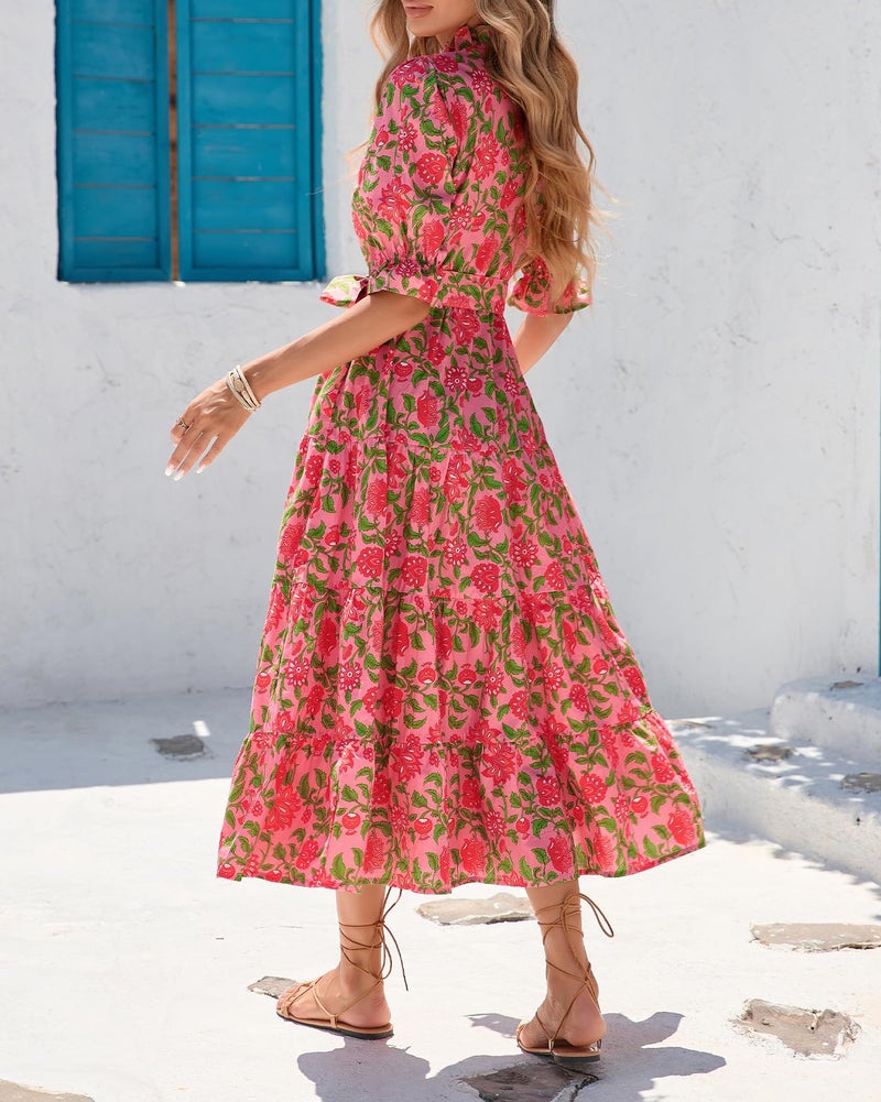 YEXPINE Women's Floral Printed Stand Ruffle Collar Midi Dress Half Sleeve Button Down Flowy Belted Beach Vacation Dress Red - Image 5
