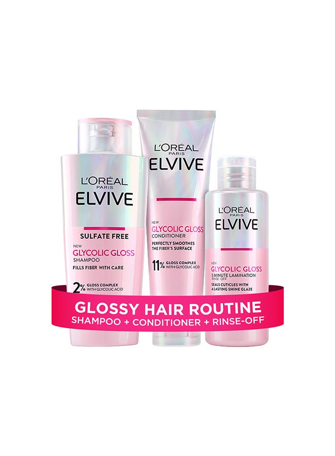 L'OREAL PARIS Elvive Glycolic Gloss Sulphate Free Shampoo 200ml + 5-minutes Lamination Rinse-off  200ml + Conditioner 150ml - Image 1