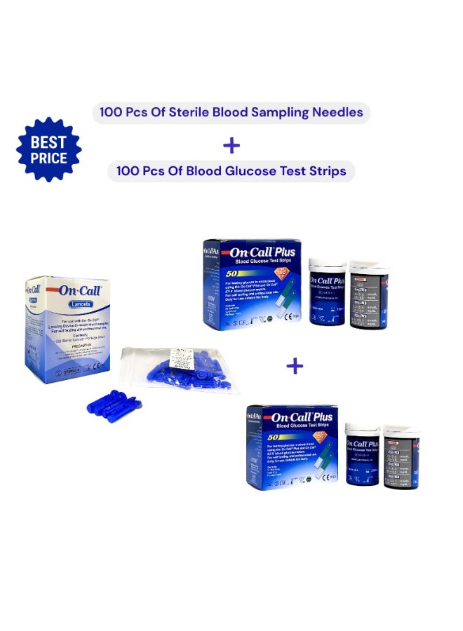 100 Pcs Of On Call Plus Blood Glucose Test Strips + 100 Pcs Of On Call Lancet Sterile Needles