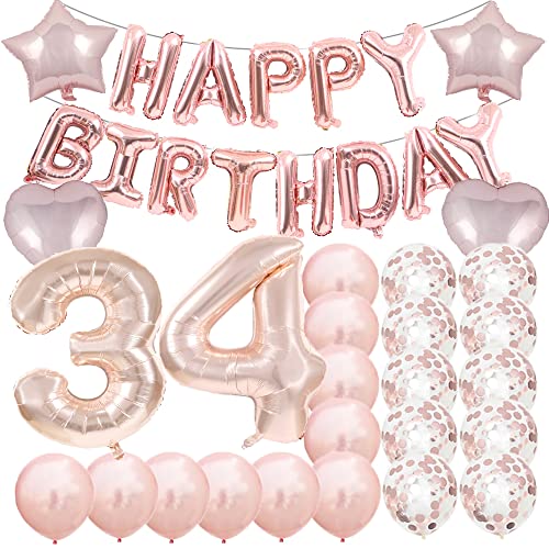 ZSNWGZ Sweet 34th Birthday Decorations Party SuppliesRose Gold Number 34 Balloons34th Foil Mylar Balloons Latex Balloon DecorationGreat 34th Birthday for GirlsWomenMenPhoto Props - Image 1