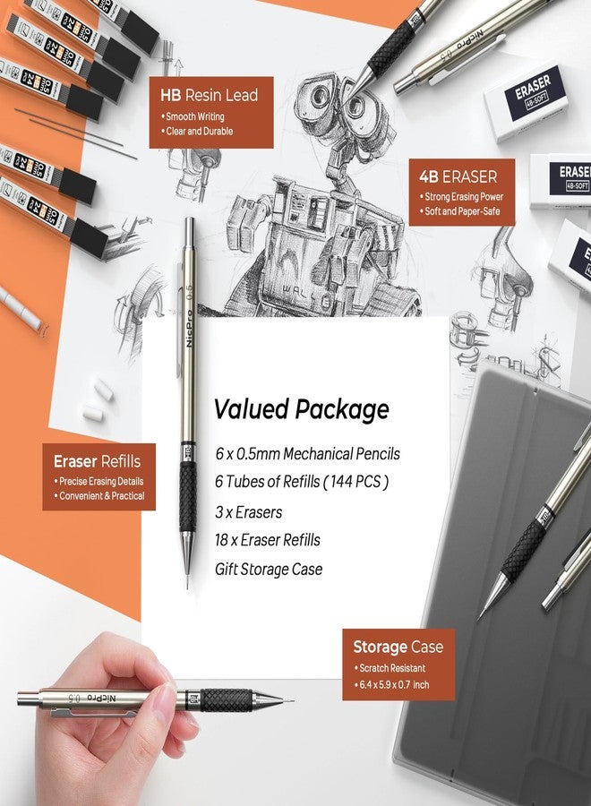 Nicpro 0.5 mm Art Mechanical Pencils Set, 6 PCS Metal Drafting Pencil 0.5mm with 6 Tube HB Lead Refills & 18 PCS Cap Eraser Refills for Adults, Children, Artist Writing, Drawing, Sketching - Image 4