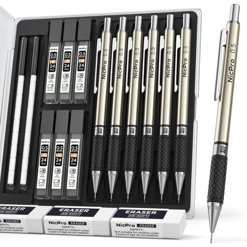 Nicpro 0.5 mm Art Mechanical Pencils Set, 6 PCS Metal Drafting Pencil 0.5mm with 6 Tube HB Lead Refills & 18 PCS Cap Eraser Refills for Adults, Children, Artist Writing, Drawing, Sketching - Image 1