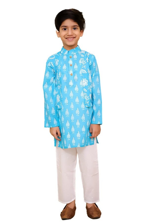 AJ DEZINES Kids Cotton Full Sleeve Floral Printed Blue Kurta Pajama Set for Boys - Ethnic wear | Special Occasion & Party Outfit |Kurta Set for Boys - Regular Fit (Twister-1271-BLUE-6-7Y-6) - Image 1