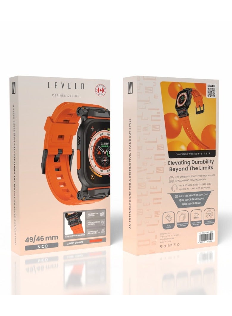 Nico Apple Watch 46/49mm Strap with Metal Buckle / Hypoallergenic Material / Solid Silicone Material / Silicone & Stainless-Steel Finish / Sweat & Water Resistant / Extended Band Interaction - Sunset Orange