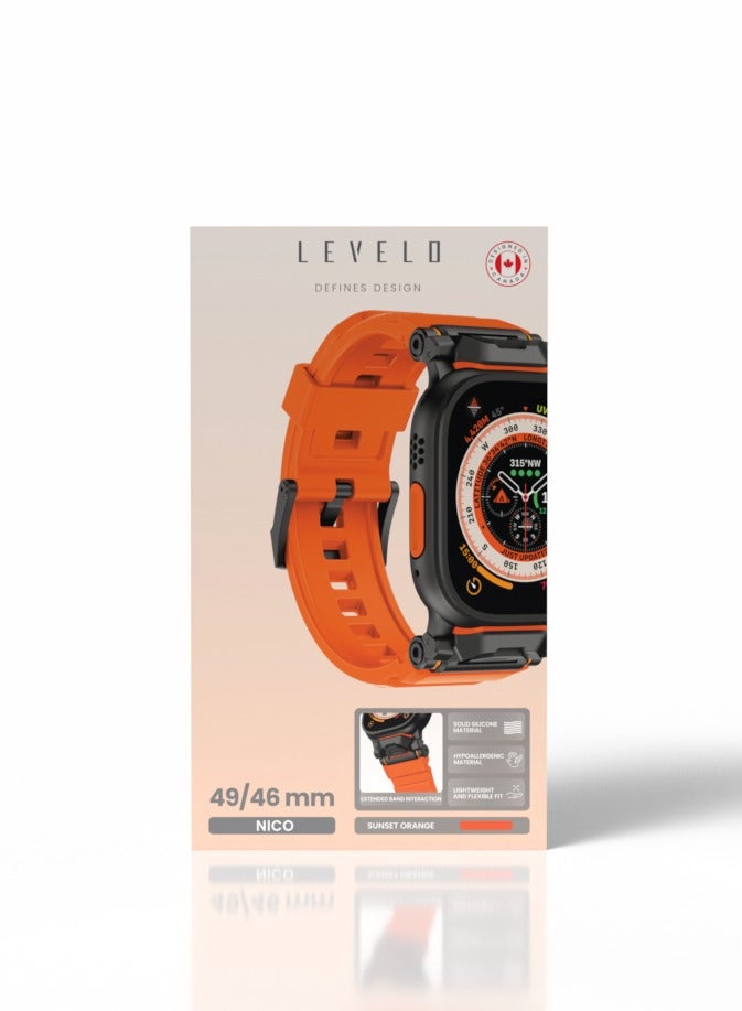 Nico Apple Watch 46/49mm Strap with Metal Buckle / Hypoallergenic Material / Solid Silicone Material / Silicone & Stainless-Steel Finish / Sweat & Water Resistant / Extended Band Interaction - Sunset Orange