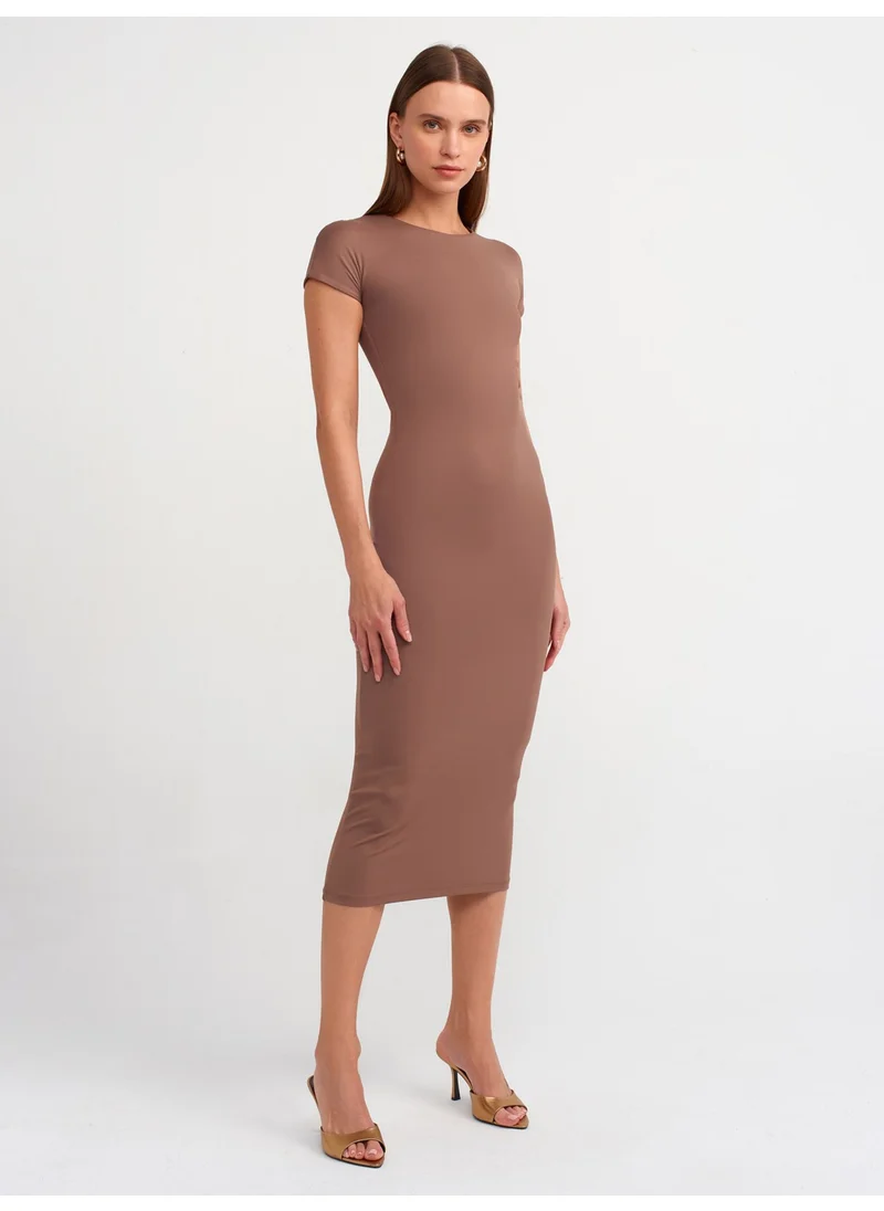 Dilvin 90890 Crew Neck Long Dress-Milk K.