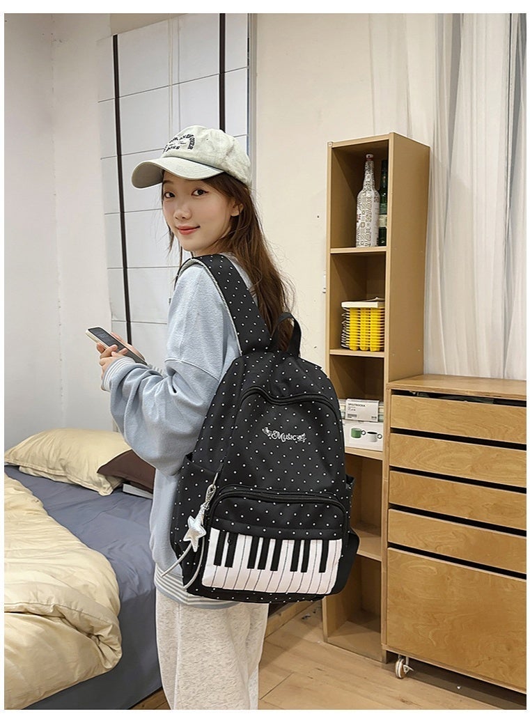 Minimalist Piano Key Polka Dot Backpack for Girls, Large Capacity Nylon School Bag, Lightweight & Waterproof Daypack - Image 3