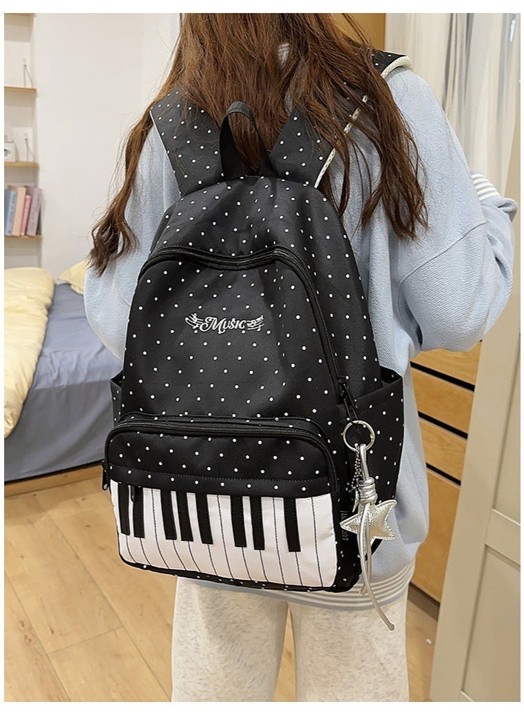 Minimalist Piano Key Polka Dot Backpack for Girls, Large Capacity Nylon School Bag, Lightweight & Waterproof Daypack - Image 5
