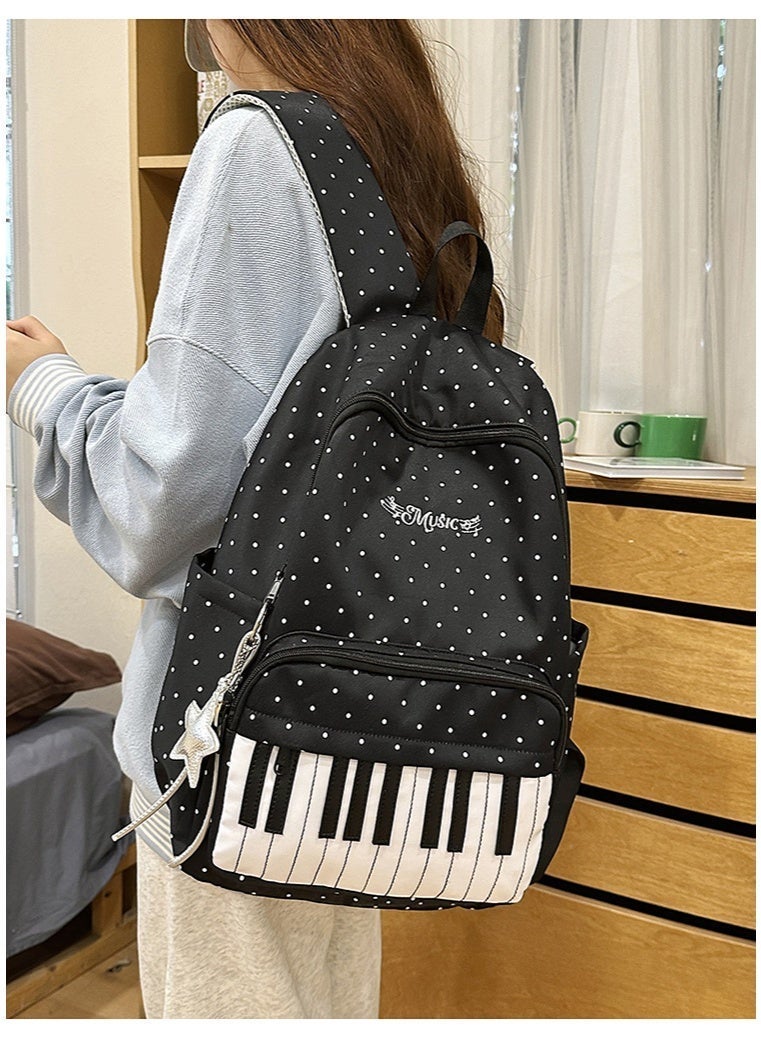 Minimalist Piano Key Polka Dot Backpack for Girls, Large Capacity Nylon School Bag, Lightweight & Waterproof Daypack - Image 4