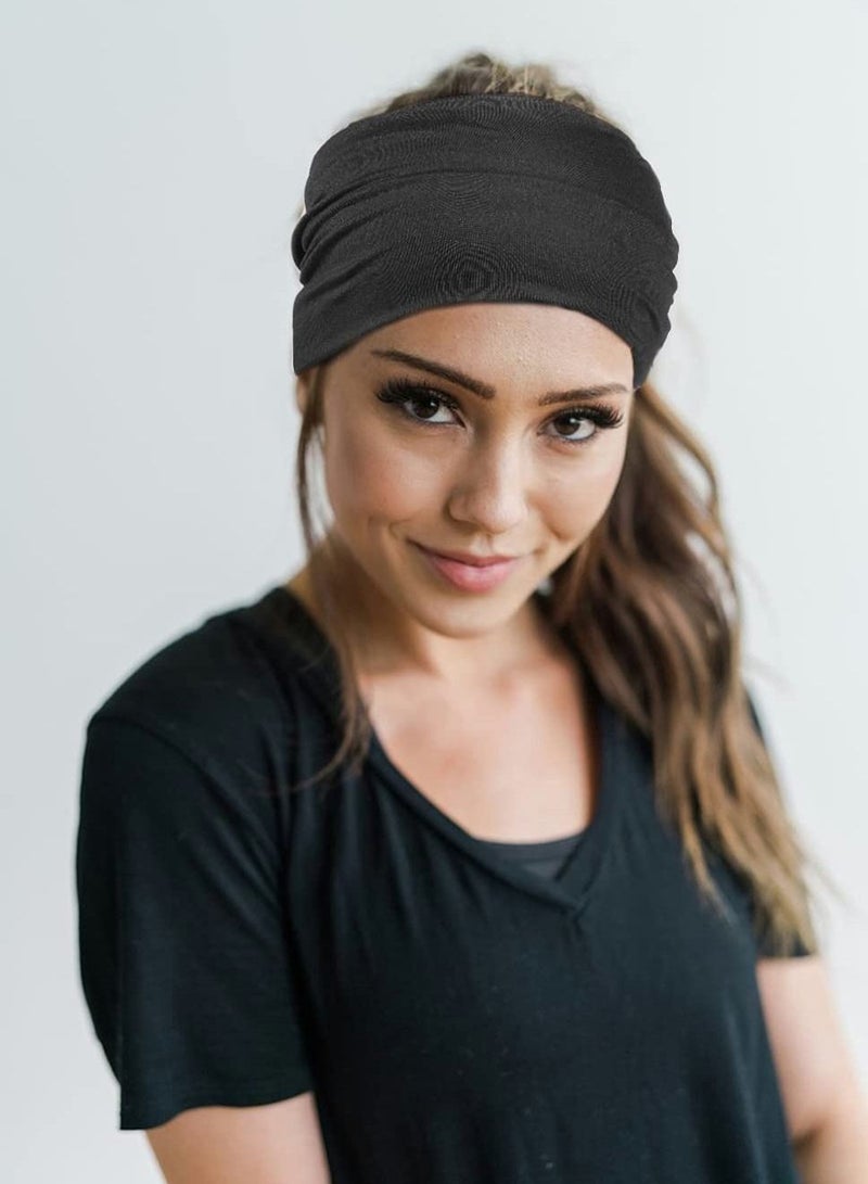 Loquat 2 Pack Wide Headbands for Women, Boho Knotted Sweat on-Slip Fashion Hair Bands, Head Wraps Elastic Soft Cotton Cloth Turbans Bandana Yoga, Running, Sport (Black, Blue) - Image 3