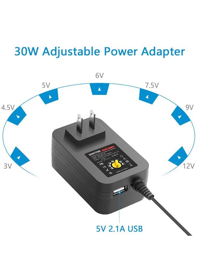 SHNITPWR 30W Universal Power Supply 3V 4.5V 5V 6V 7.5V 9V 12V Adjustable Variable AC/DC Adapter with 5V 2.1A USB Port, 100V-240V AC to DC 3V~12V Converter 0.5A 1A 1.2A 1.5A 2A 2.5A Max with 14 Tips - Image 2