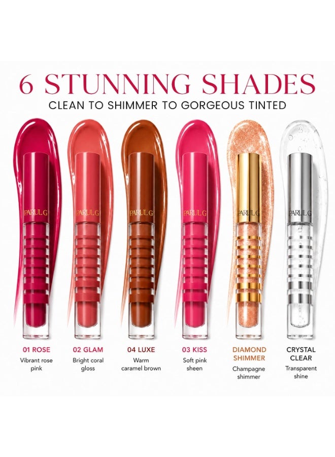 Parul Garg Beauty Gloss Collection Pack of 6 | Tinted, Clear & Diamond Shimmer Lip Glosses | Non-Sticky High Shine Finish | SPF 20 & Vitamin E - Image 2