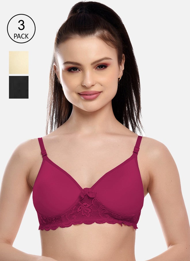 FIMS Women Pack of 3 Purple, Black & Beige Cotton Lace Padded Bra - Image 1
