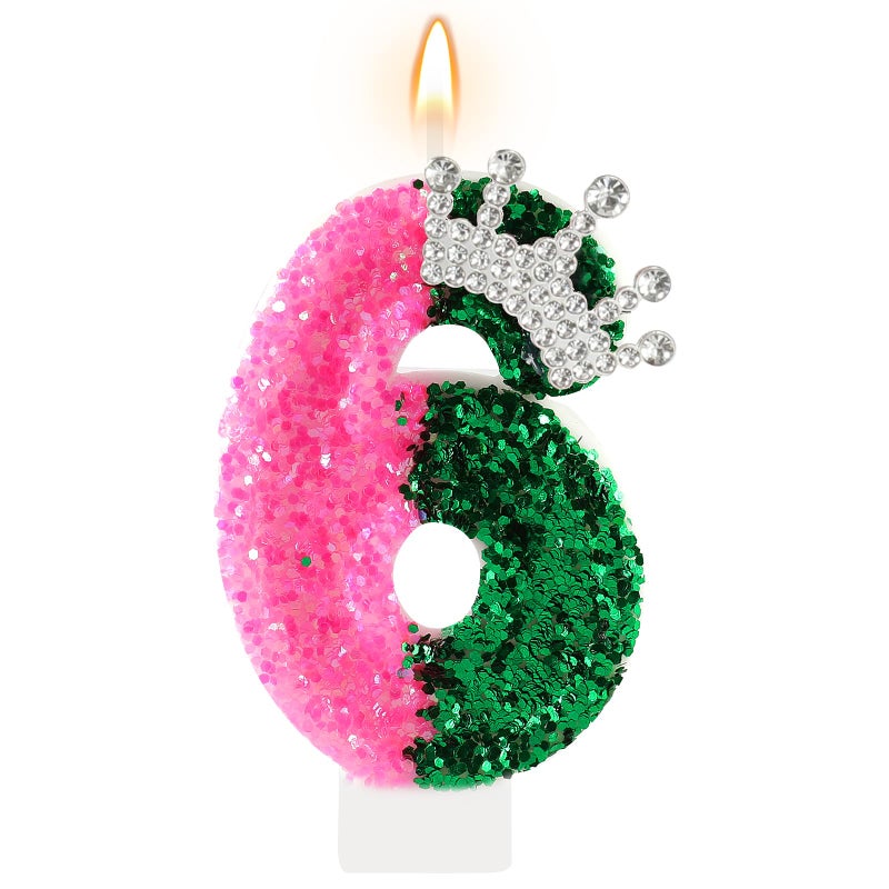 AKURIEEY Wicked Birthday Candle Crown Number 6 Candle Pink and Green 6th Birthday Cake Topper Cupcake Decorations Wicked Themed Party Decor Anniversary Celebrations Supplies - Image 1