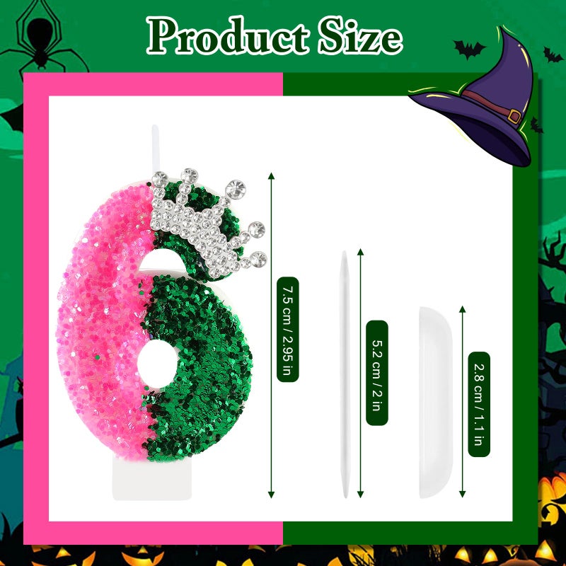 AKURIEEY Wicked Birthday Candle Crown Number 6 Candle Pink and Green 6th Birthday Cake Topper Cupcake Decorations Wicked Themed Party Decor Anniversary Celebrations Supplies - Image 3