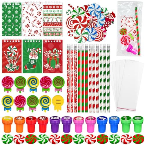 Cinrobiye 194 PCS Christmas Candy School Stationery Set Xmas Classrooms Exchange Stationery Party Favors Class Reward Prizes Notebooks Pencils Sharpener Erasers Stickers StampsCandy - Image 1