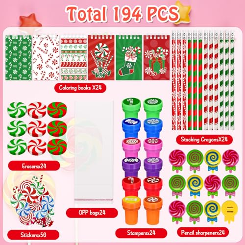 Cinrobiye 194 PCS Christmas Candy School Stationery Set Xmas Classrooms Exchange Stationery Party Favors Class Reward Prizes Notebooks Pencils Sharpener Erasers Stickers StampsCandy - Image 5