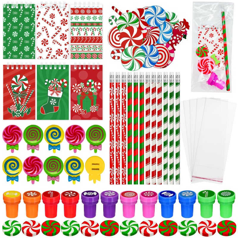 Cinrobiye 194 PCS Christmas Candy School Stationery Set Xmas Classrooms Exchange Stationery Party Favors Class Reward Prizes Notebooks Pencils Sharpener Erasers Stickers StampsCandy - Image 2