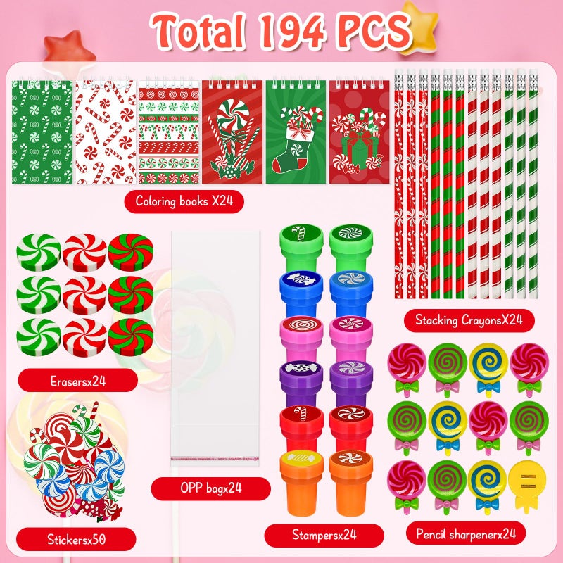 Cinrobiye 194 PCS Christmas Candy School Stationery Set Xmas Classrooms Exchange Stationery Party Favors Class Reward Prizes Notebooks Pencils Sharpener Erasers Stickers StampsCandy - Image 3