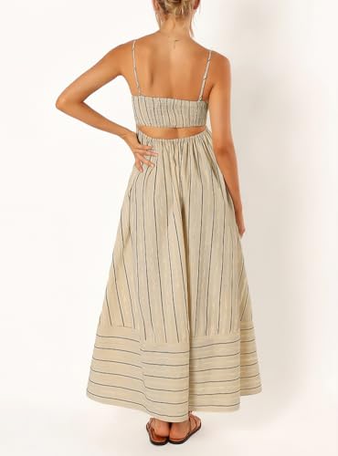 yoeasy Women's Striped Spaghetti Strap Cutout Maxi Dress Sleeveless Backless Flowy Swing Long Dress (Small, Apricot) - Image 3