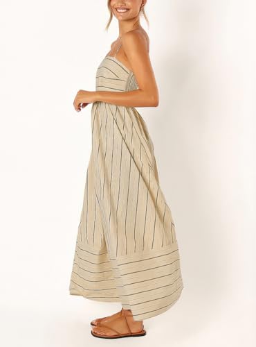 yoeasy Women's Striped Spaghetti Strap Cutout Maxi Dress Sleeveless Backless Flowy Swing Long Dress (Small, Apricot) - Image 4
