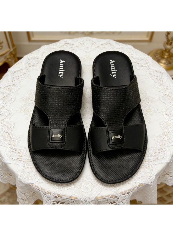 Daily Basic Men Leather Sandals Grid Strap Sweat Resistant Walking Summer Footwear - Image 1