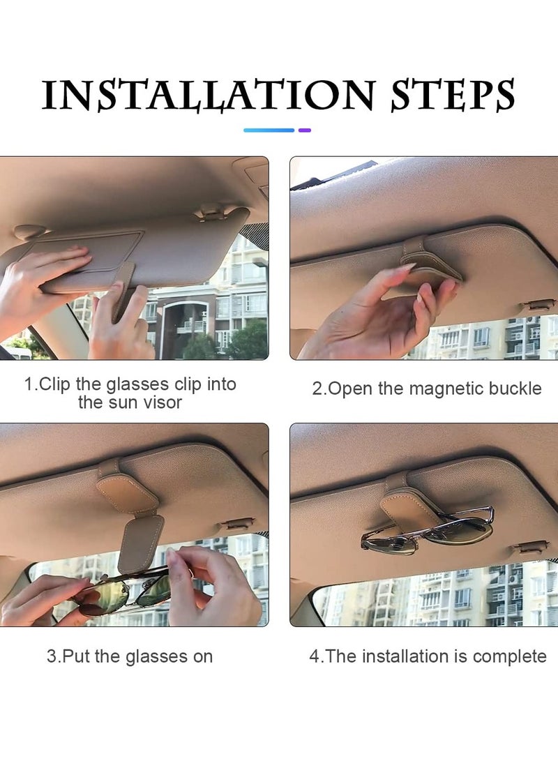 Zikra Car Visor Sunglasses Holder, Car Visor Magnetic Eyeglasses Hanging Clip Genuine Leather Storage Clip (Beige) - Image 4